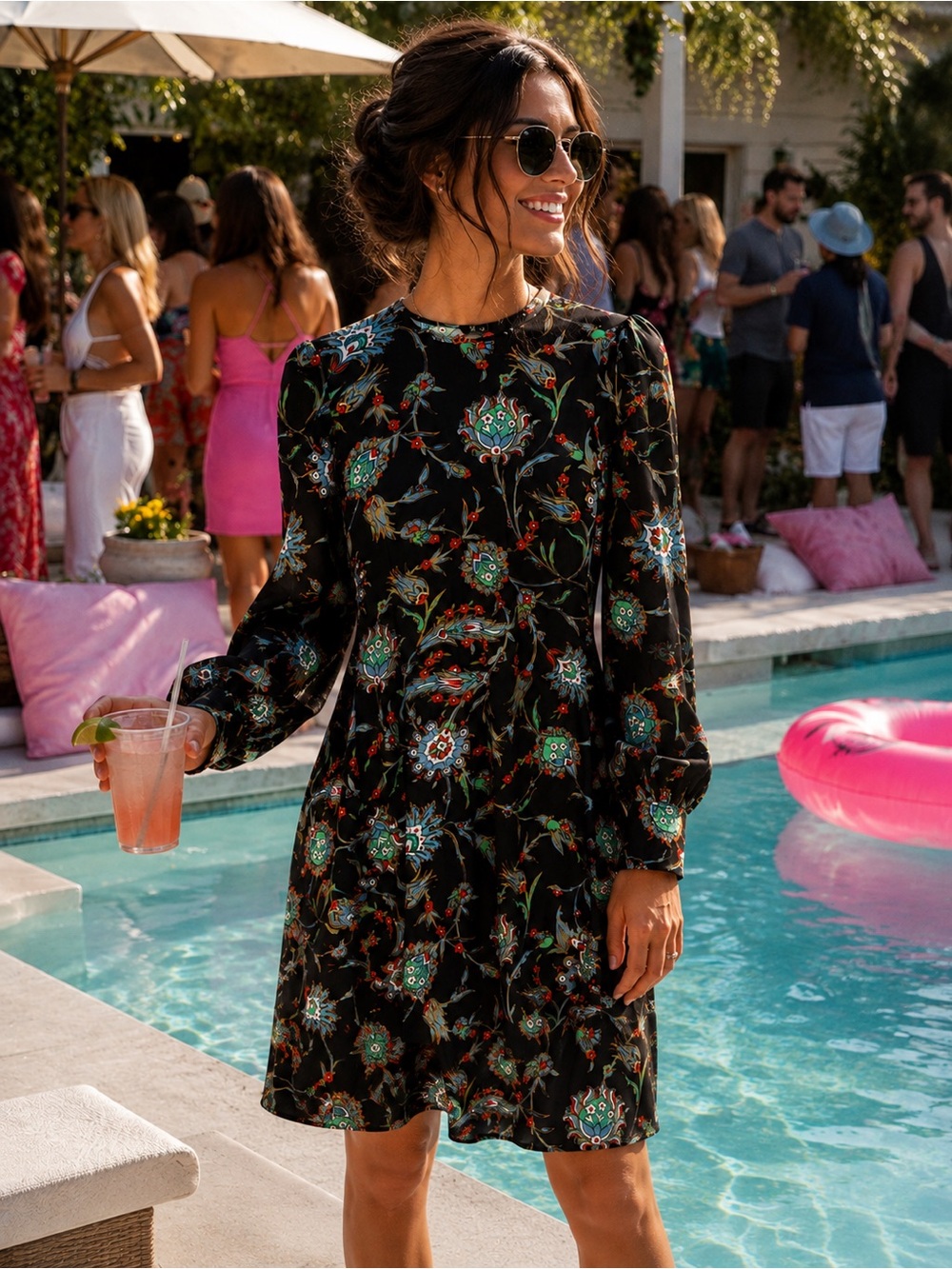 Nieves Lavi Black Floral Midi Dress with Teal & Red Accents